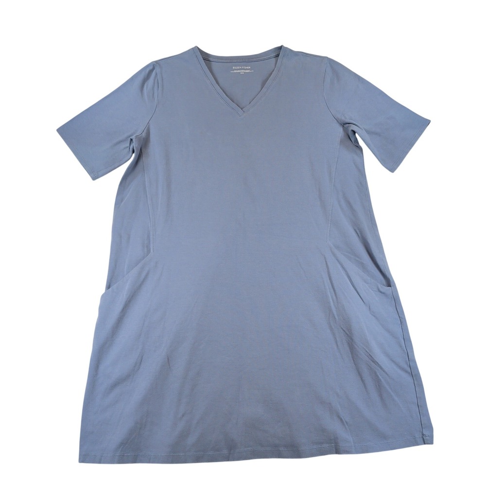 Eileen Fisher Blue Cotton Spandex V-Neck Short Sleeve Pocket T-Shirt Dress M